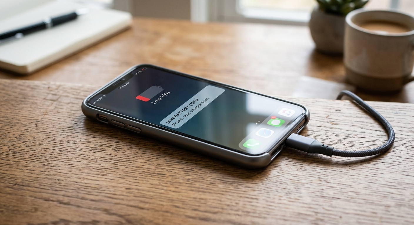 Phone plugged into car charger with low battery warning