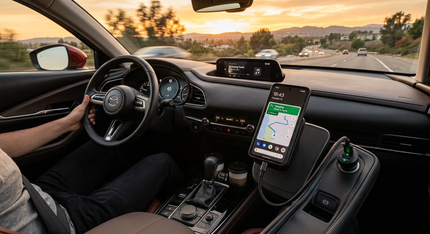 Phone charging on car console during road trip at sunset
